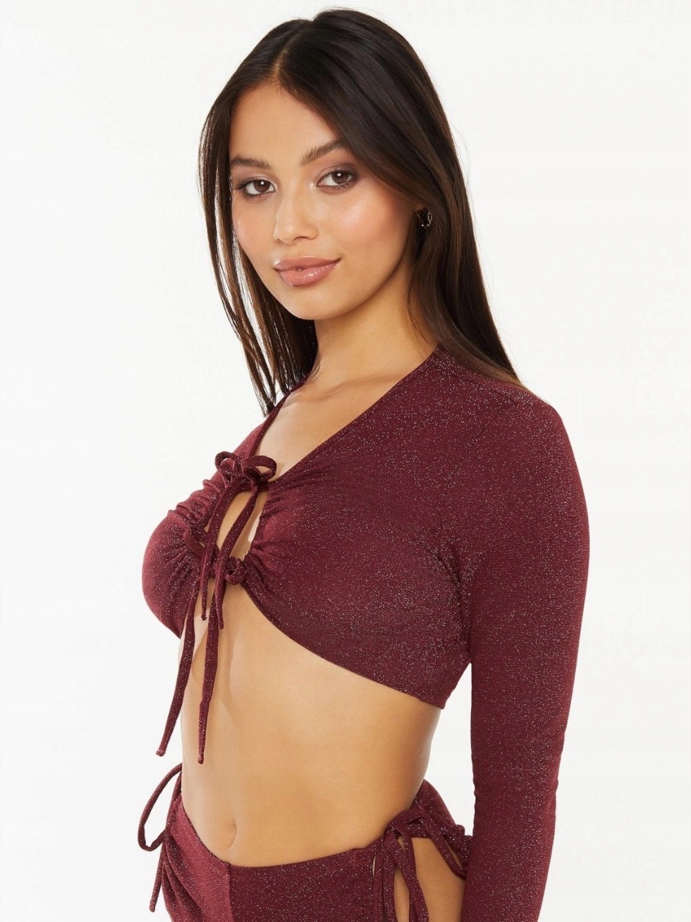 Savage X Fenty Crop Top Sleep & Shine Long-Sleeve Red Cocoa Metallic Sparkly 1X